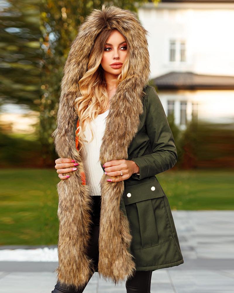 

Pocket Design Drawstring Waist Faux Fur Hooded Parka Coat, Army green