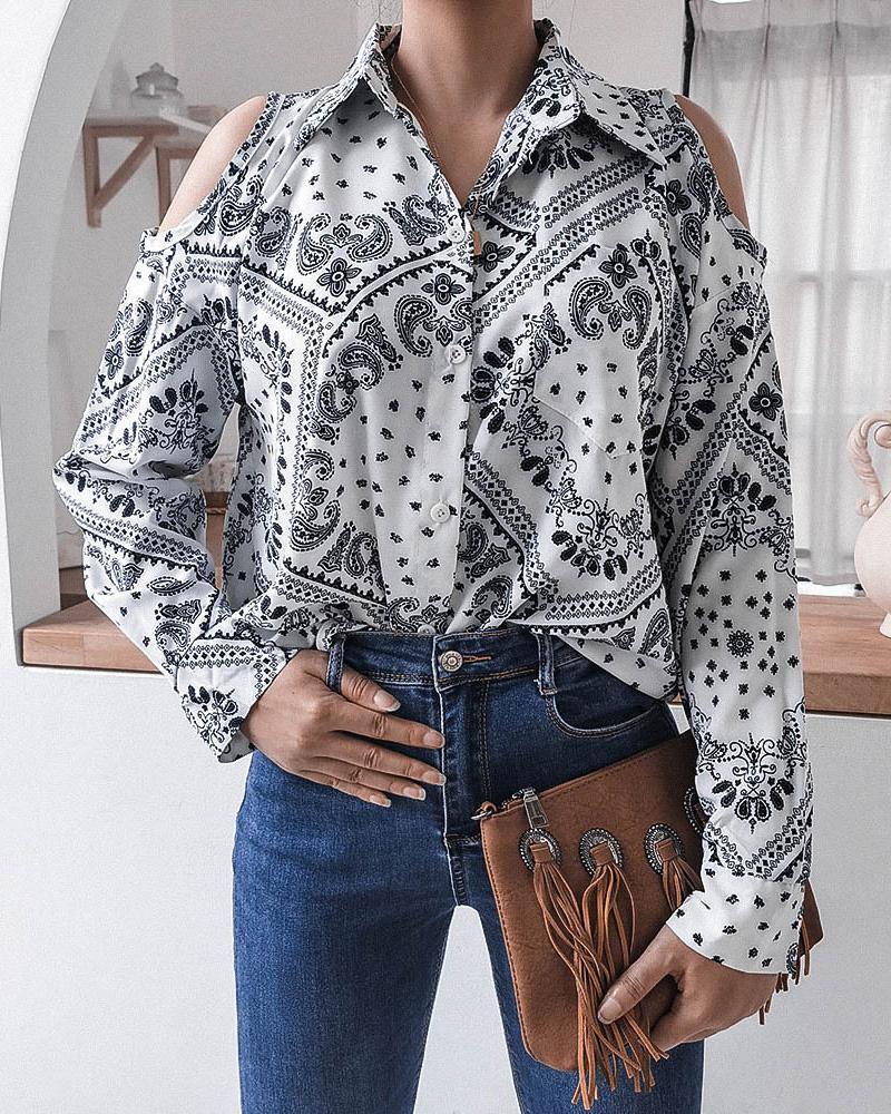 

Paisley Print Cold Shoulder Casual Shirt, White