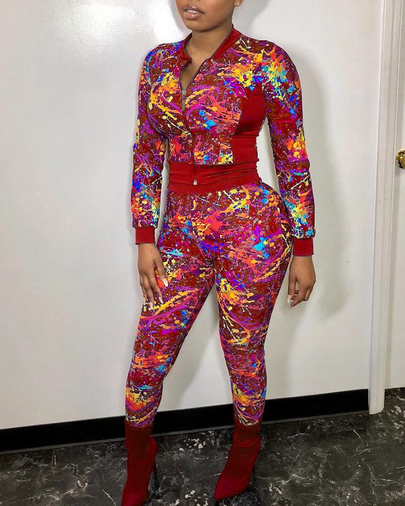 

Colorblock Zipper Front Long Sleeve Women Top & High Waist Pants Set, Red