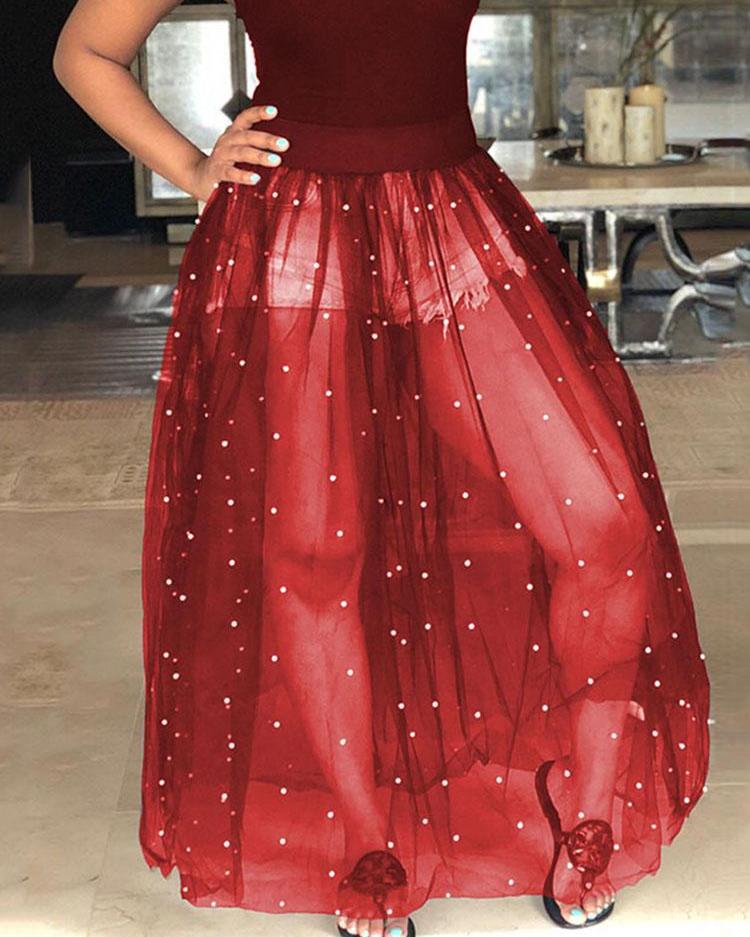 beading mesh splicing pleated maxi dress