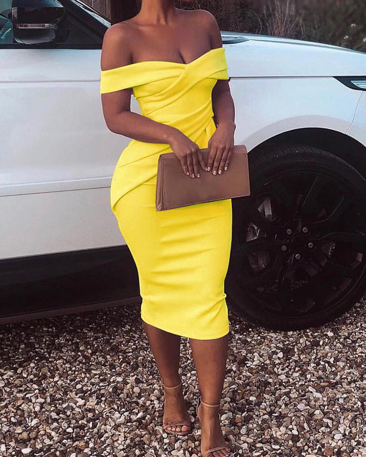 yellow off the shoulder bodycon dress