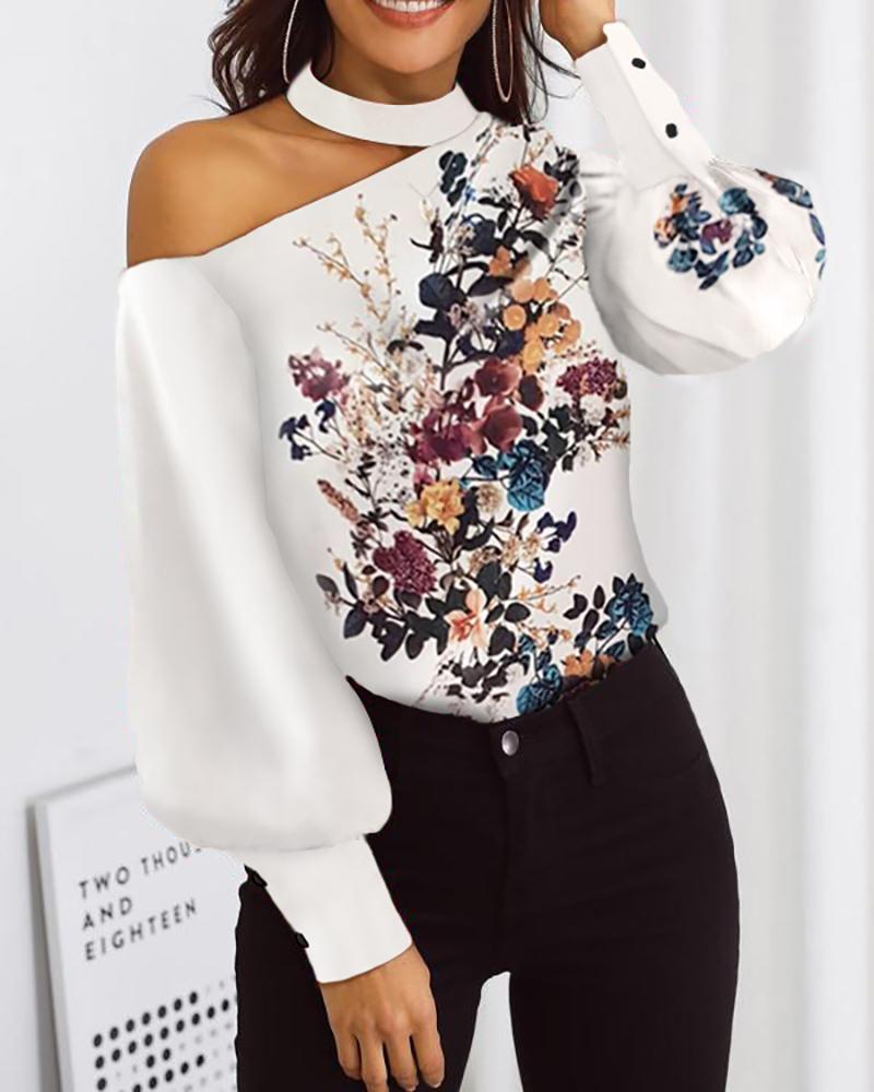 

Mock Neck Cut Out Floral Print Lantern Sleeve Blouse, White