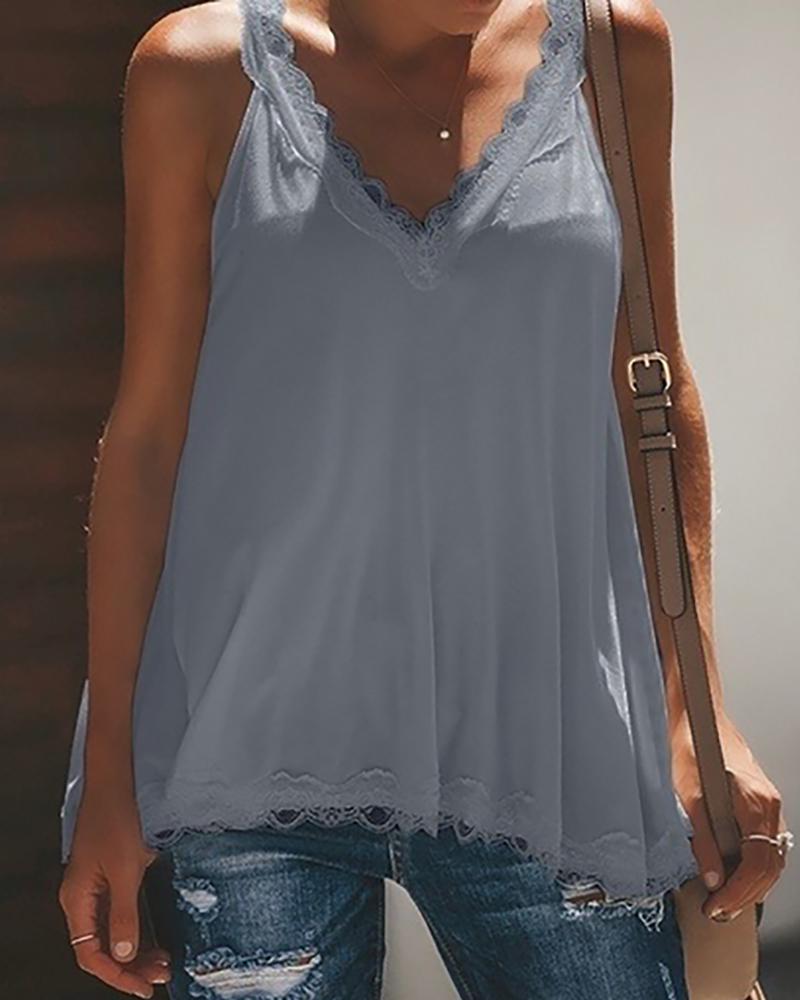 

Crochet Lace Trim Casual Tank Top, Gray