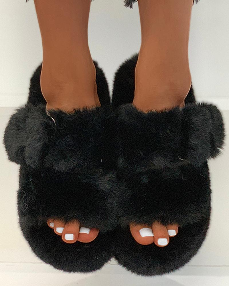 

Plain Buckled Fluffy Slippers, Black