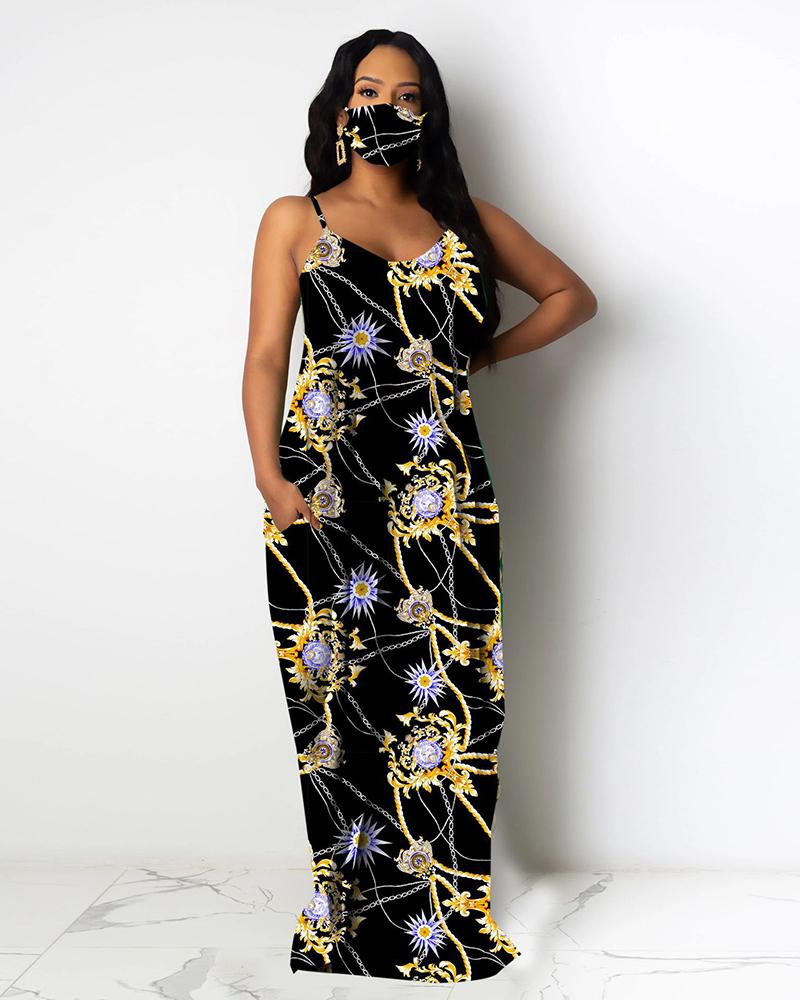 

Chain Floral Print Pocket Design Maxi Dress, Black