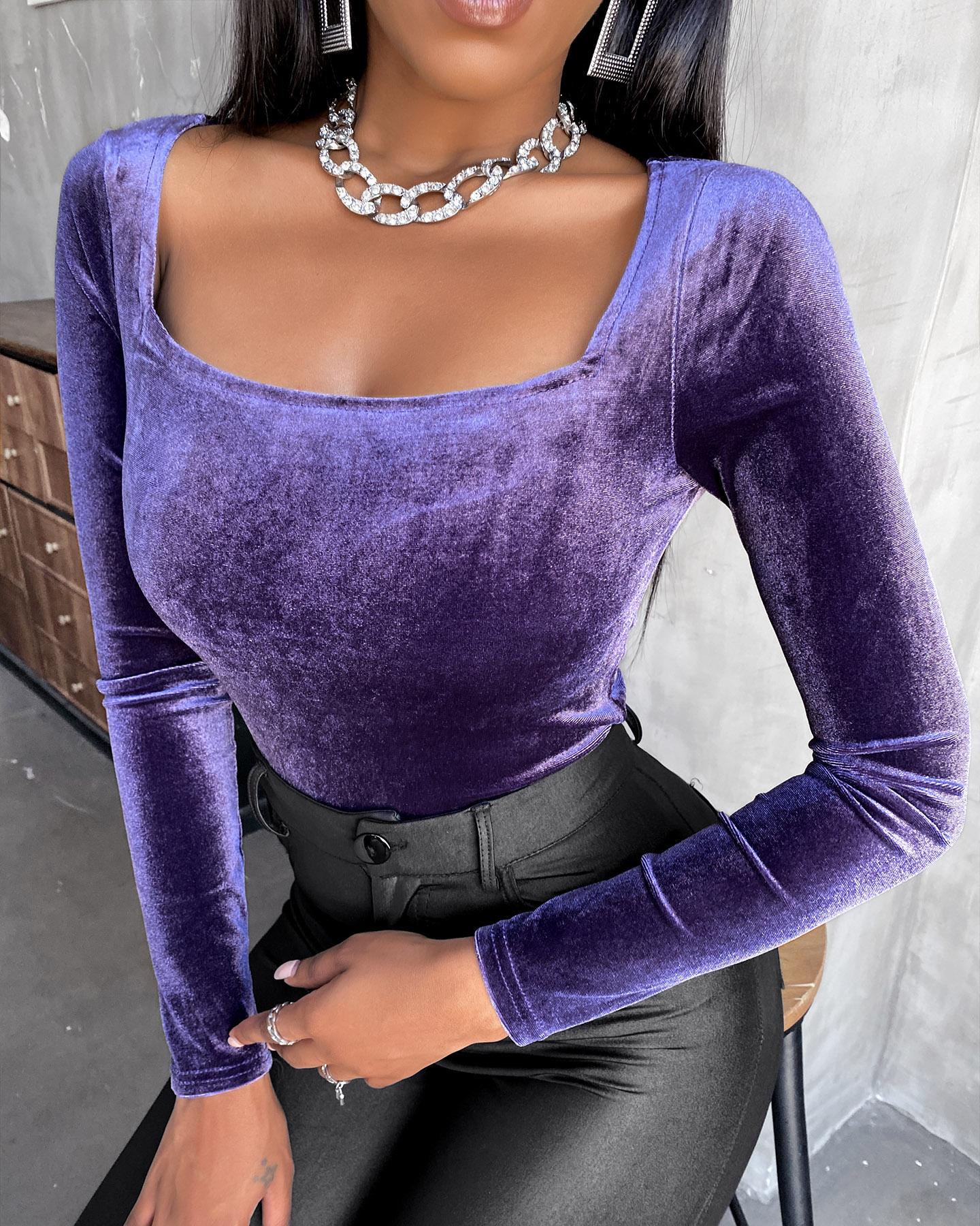 

Velvet Plain Long Sleeve Women Top, Purple