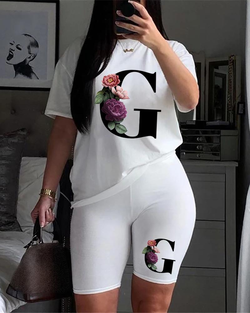 

Letter Floral Print Short Sleeve Top & Shorts Set, Style7
