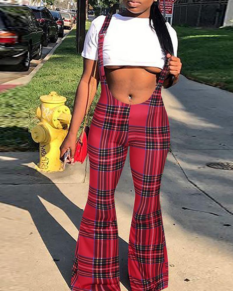 

Plaid Print Buckled Bootcut Suspender Pants, Red