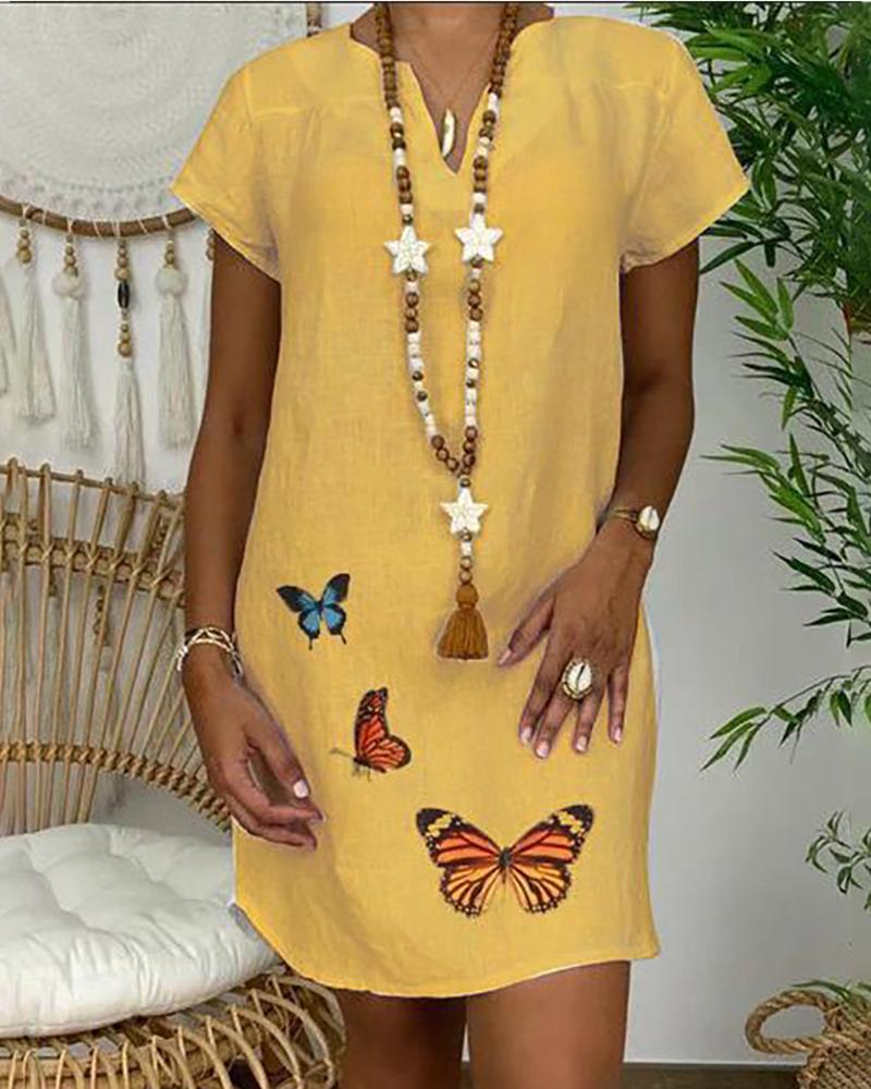 

Butterfly Print Short Sleeve Casual Dress, Yellow