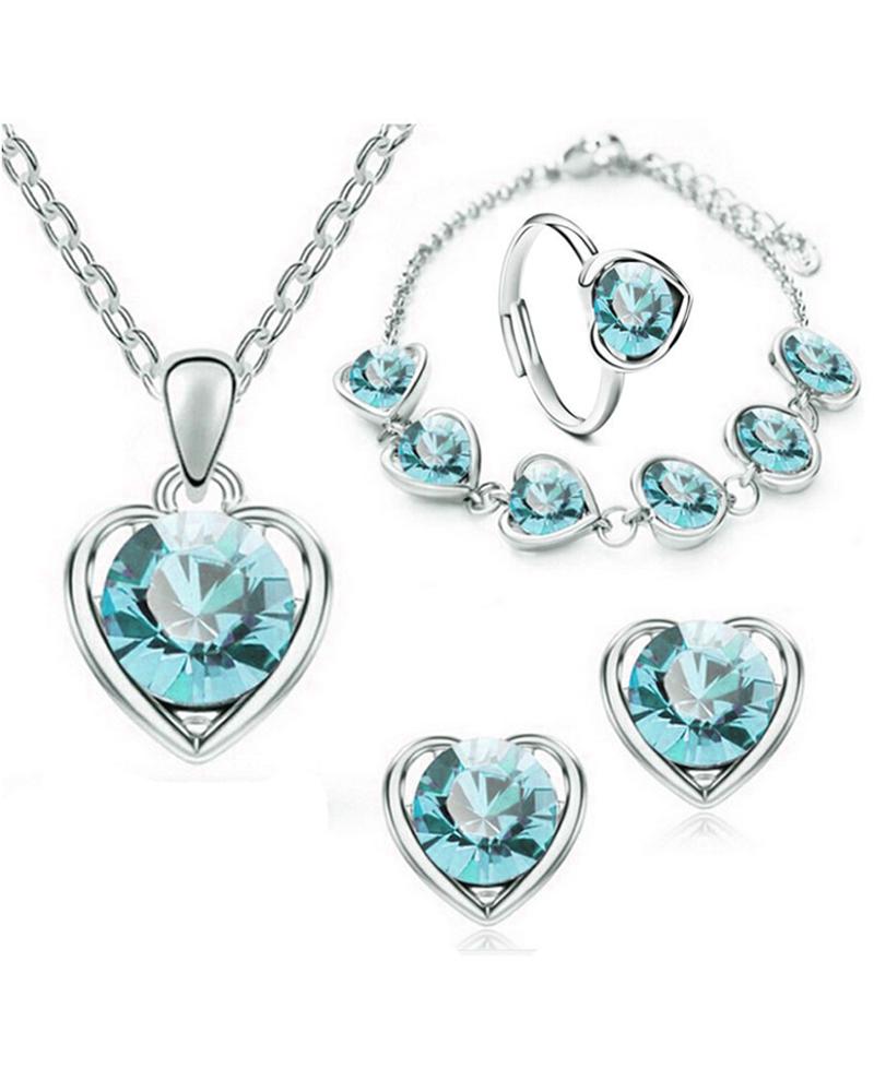 

4PCS Heart Shaped Rhinestone Pendant Necklace & Earrings & Bracelet Set, Blue