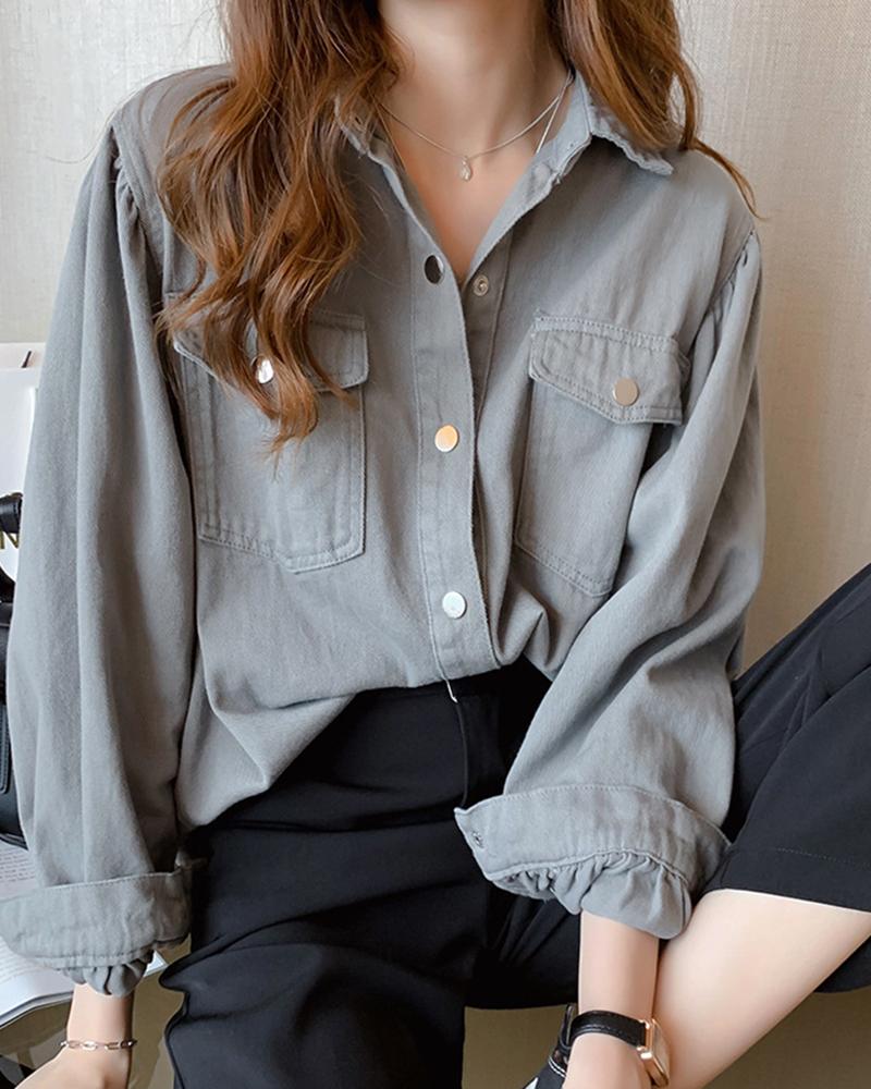 

Brief Solid Button-up Casual Shirt, Gray
