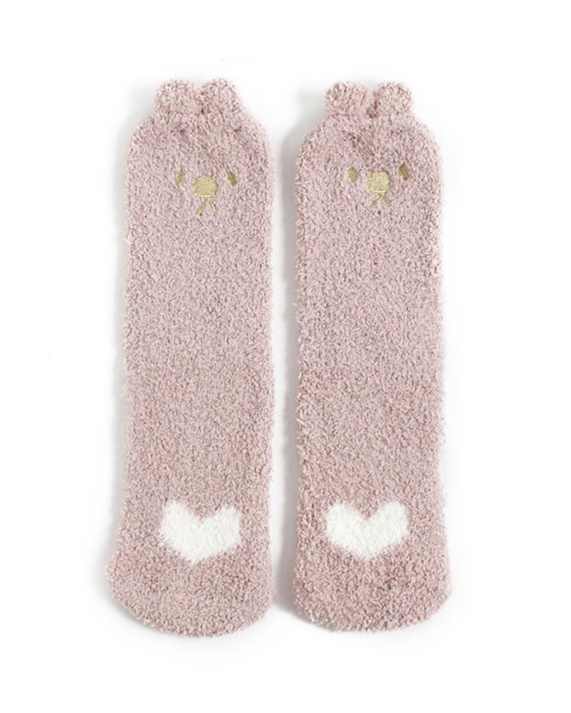 

Fluffy Embroidery Heart Paw Pattern Coral Socks, Pink