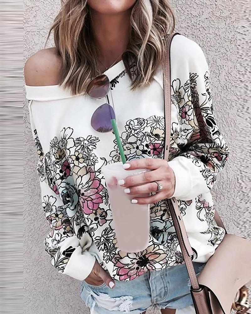 

Floral Print Long Sleeve Casual Women Top, White