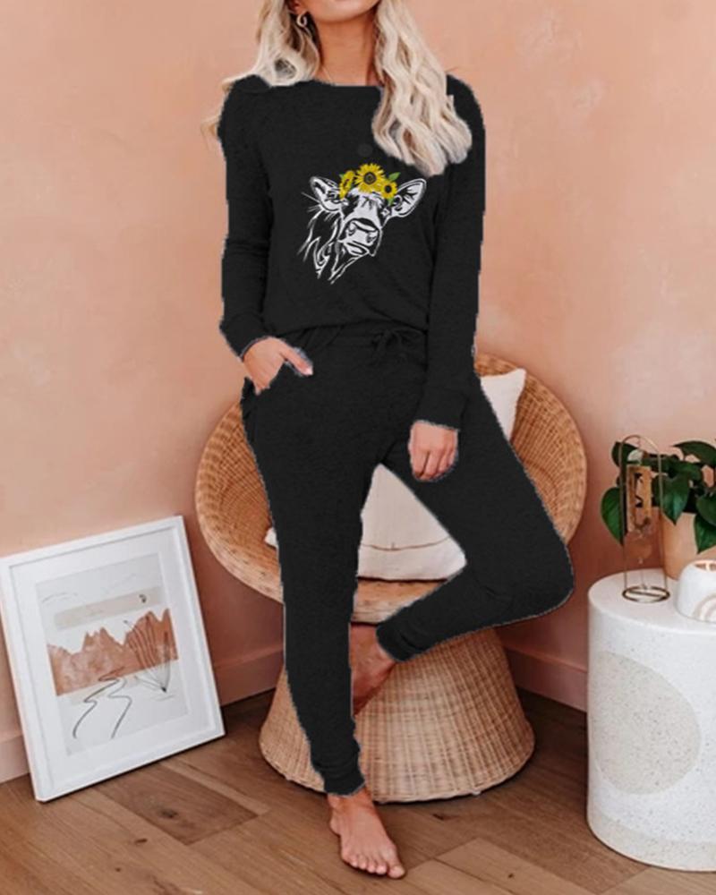

Print Long Sleeve Loose Suit Sets, Black