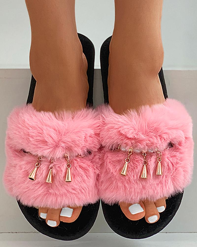 

Beaded Metal Tassel Fluffy Slippers, Pink