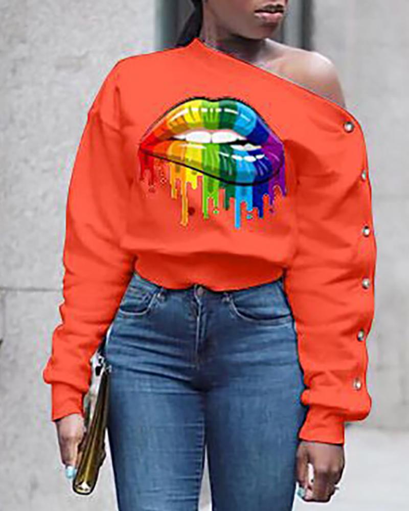 

Skew Neck Mouth Print Long Sleeve Buttoned Sweatshirt, Orange