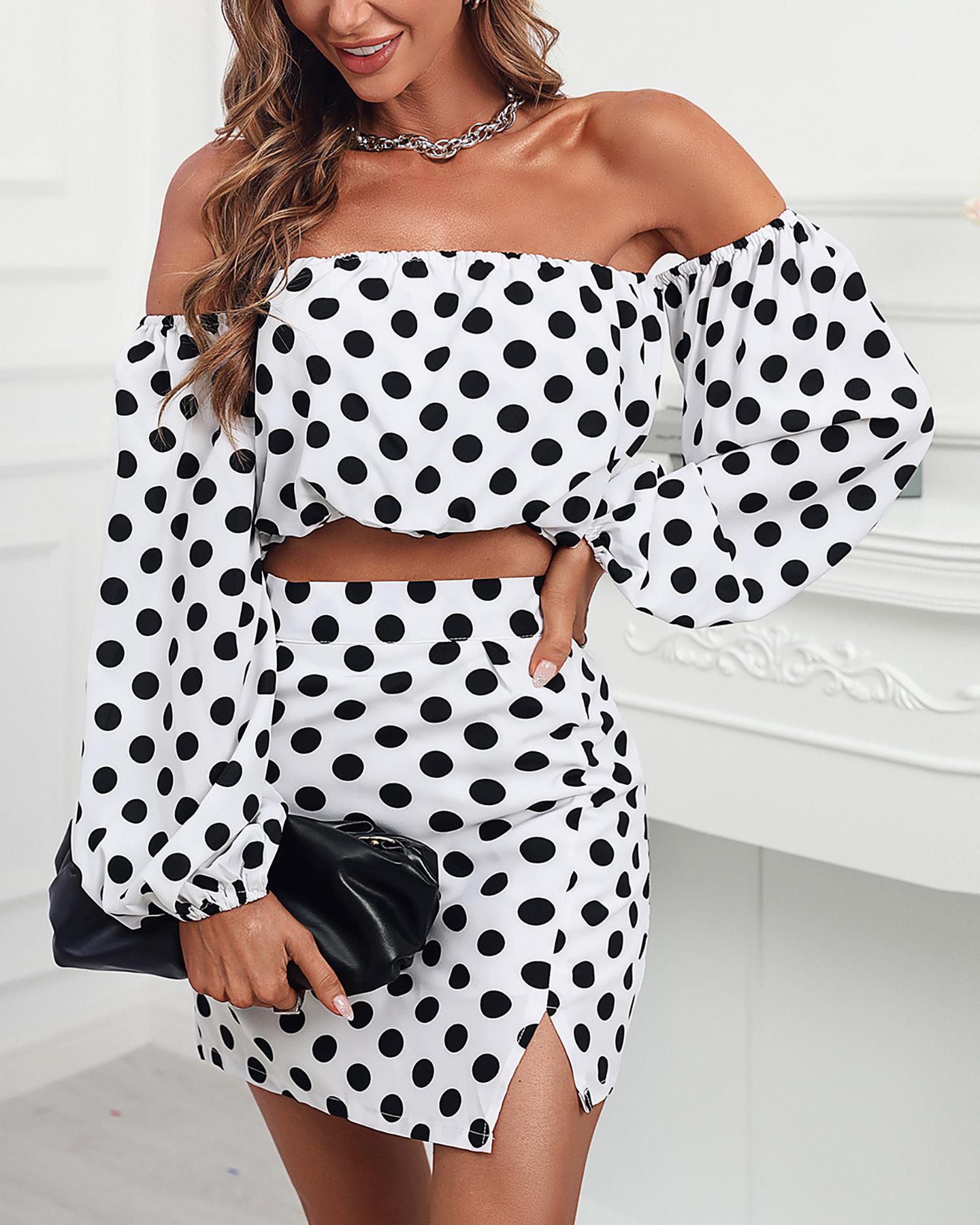 

Polkadot Print Off Shoulder Top & Skirt Set, White