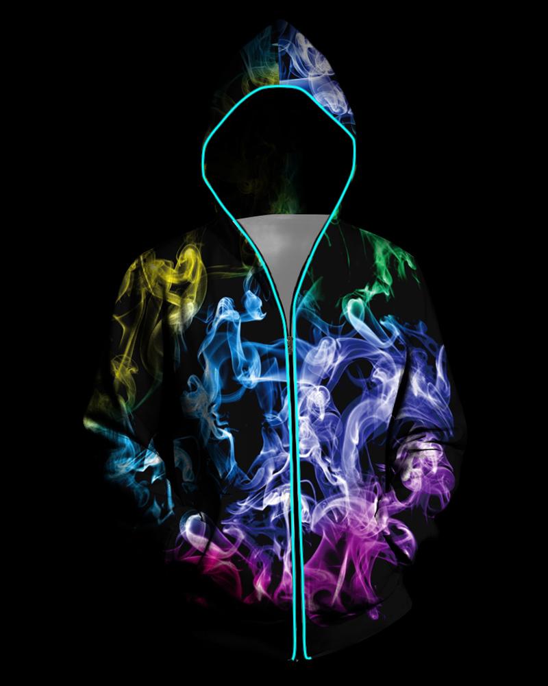 

3D Light Up Hooded Colorblock Smoky Print Zipper Battery Powered Jacket, Multicolor