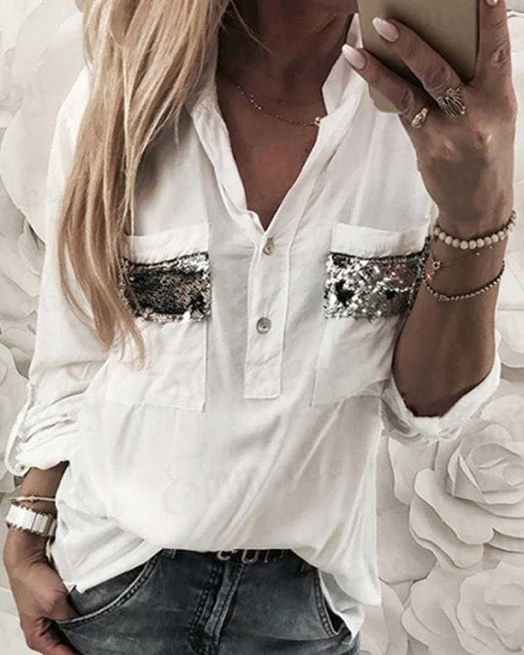 

Contrast Sequins Dual Pocket Casual Blouses, White