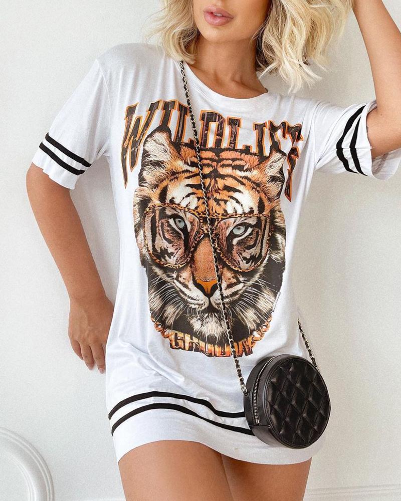 

Striped Tiger Letter Print Short Sleeve T-shirt, White