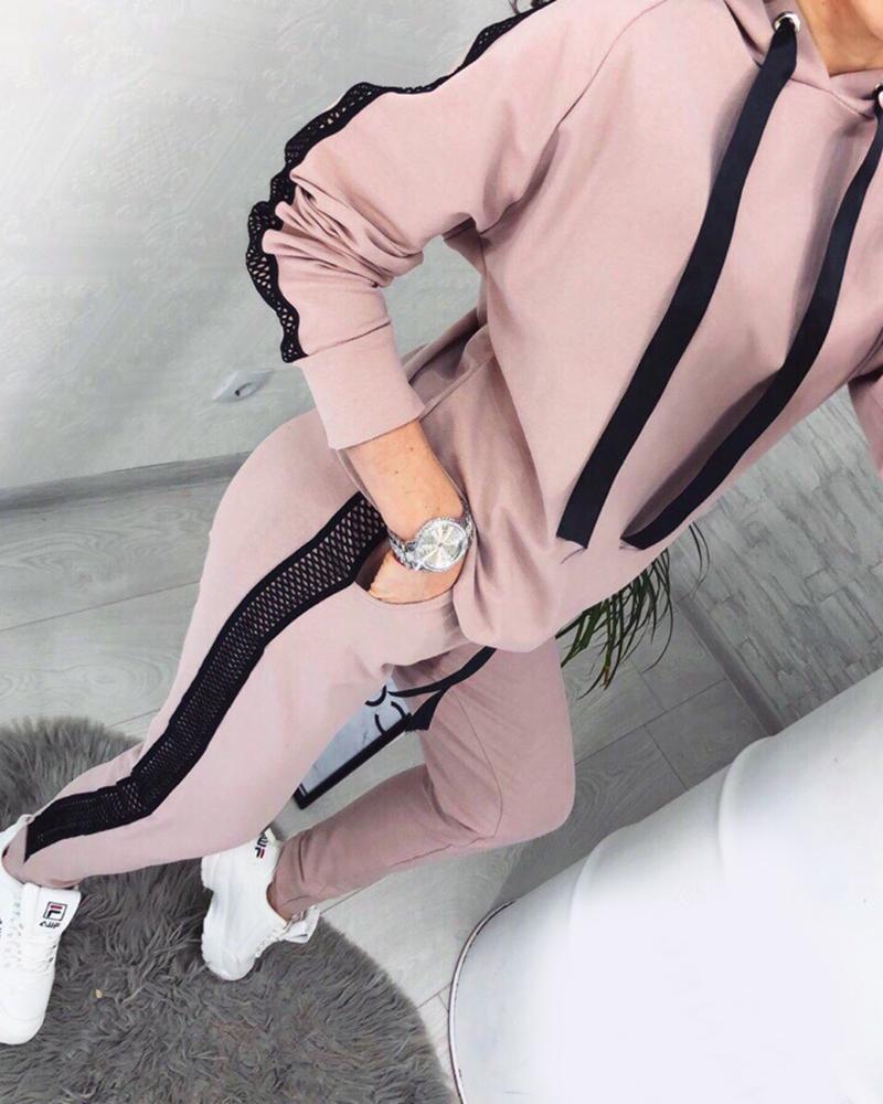 

Knit Colorblock Hooded Top & Drawstring Pants Set, Pink