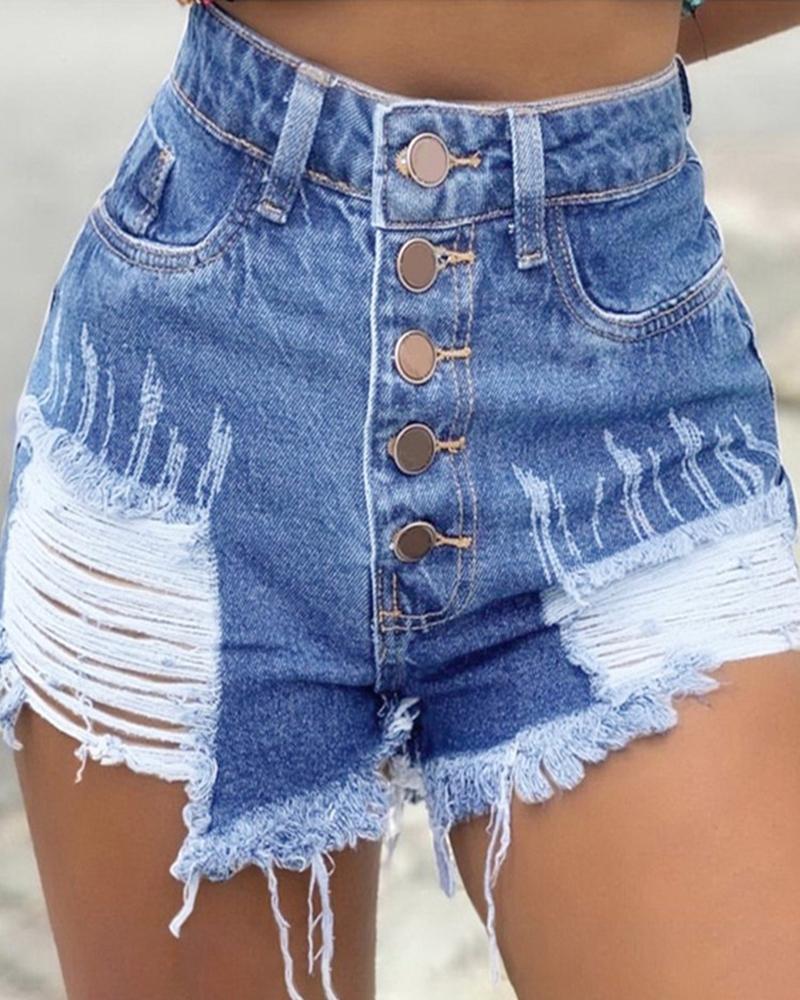 

Ripped & Repaired Denim Jean Shorts, Light blue