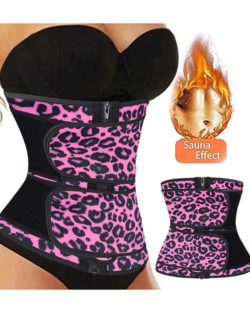 

Floral Leopard Snakeskin Print Compression Double Strap Latex Waist Trainer, Hot pink