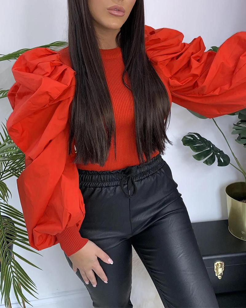 

Puff Sleeve Rib Knit Women Top, Red