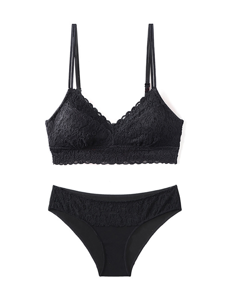 

Plain Wireless Floral Lace Bra Set, Black