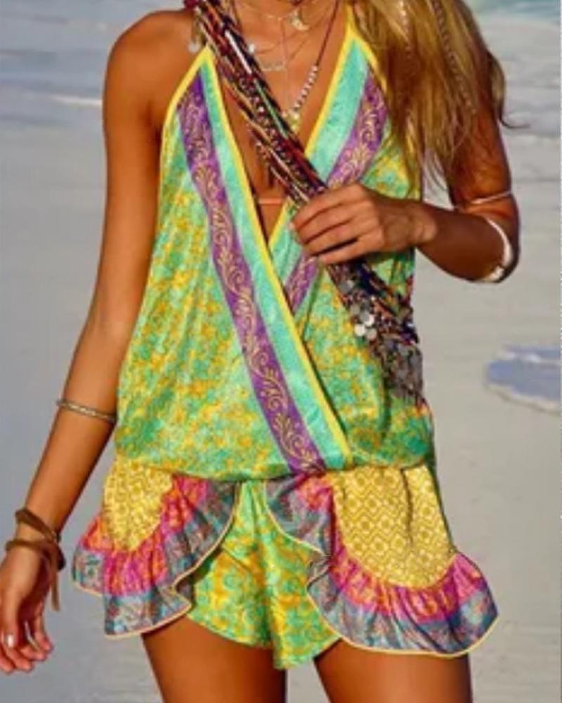 

All Over Print Ruffle Hem Sleeveless Rompers, Yellow