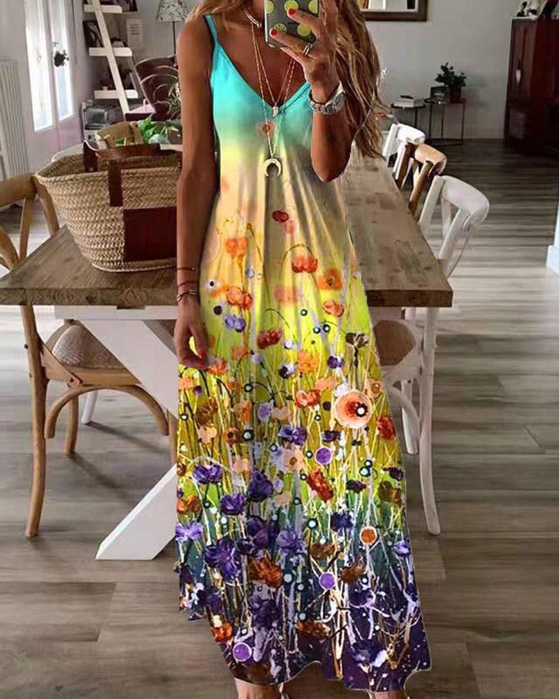 

Floral Print Strap Loose Maxi Print Dress, Yellow