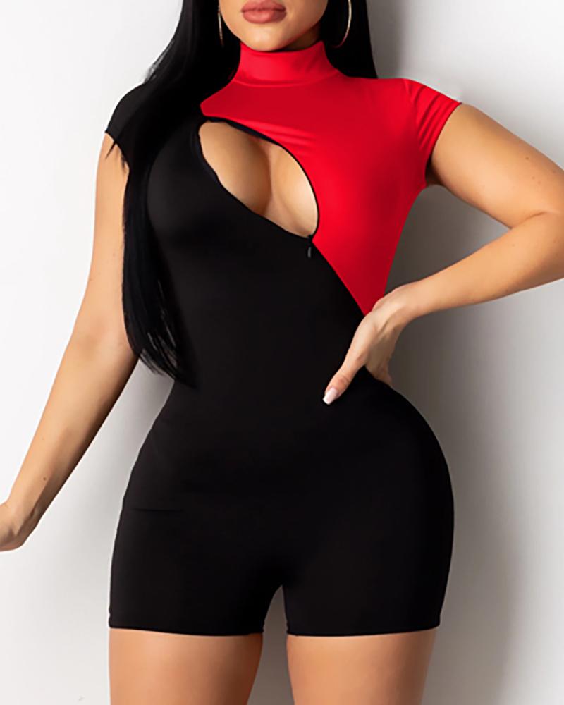 

Colorblock Cutout Front Short Sleeve Romper, Red