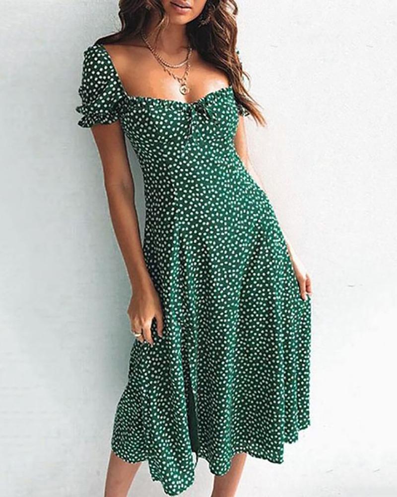 

Print Puff Sleeve Casual Dress, Green