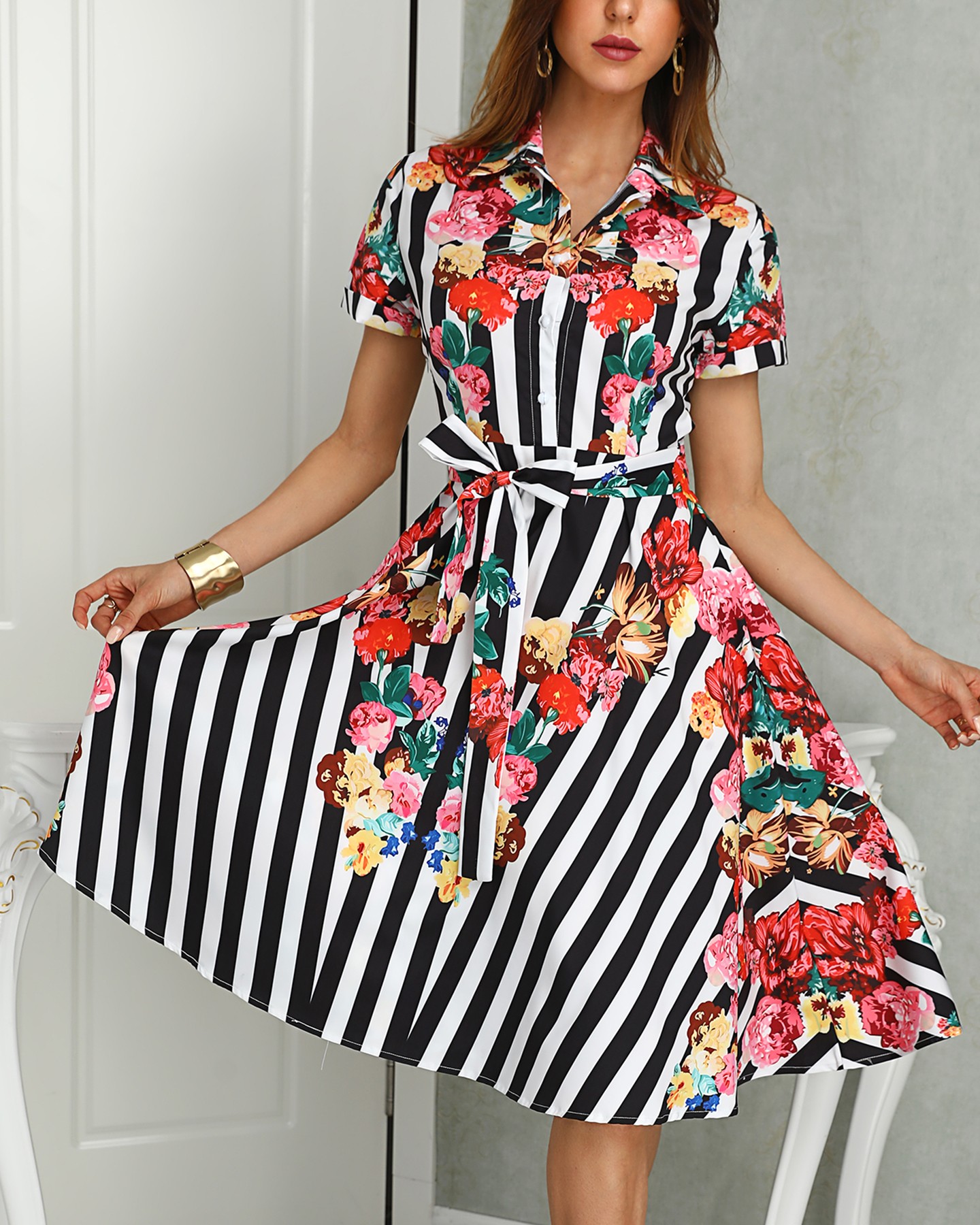 Striped Floral Print Buttoned Shirt Dress