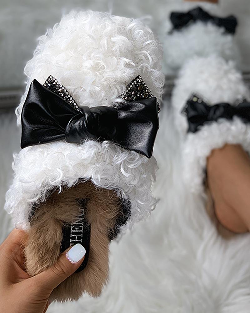 

Bowknot Design Fluffy Slipper, White
