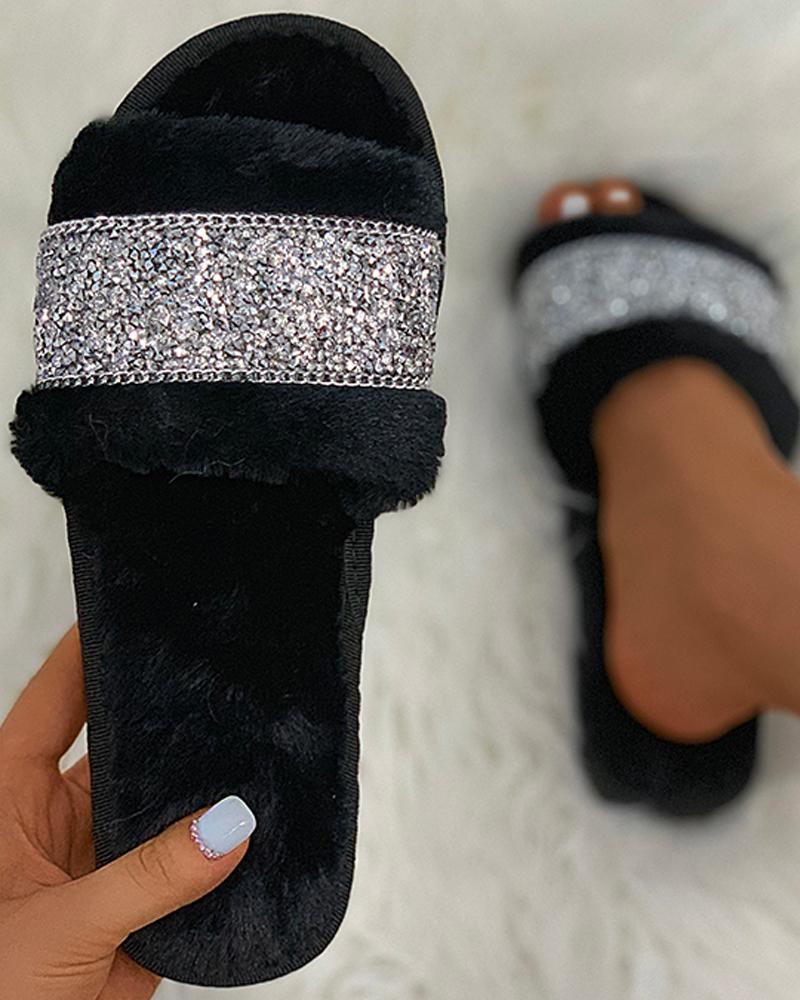 

Studded Chain Decor Fluffy Slippers, Black