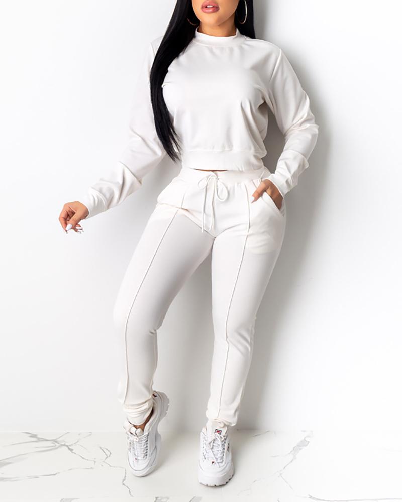 

Solid Long Sleeve Top & Drawstring Design Sporty Pants Sets, White