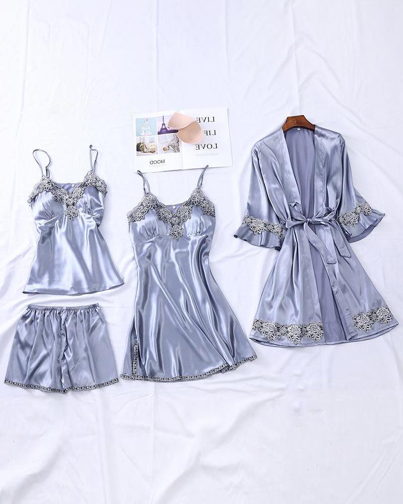 

Satin Lace-Trim 4-Piece Pajama Set, Gray