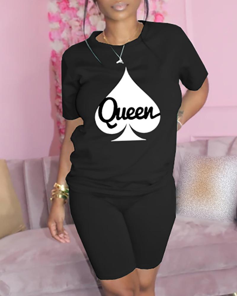 

Poker Letter Print Short Sleeve Top & Shorts Set, Black