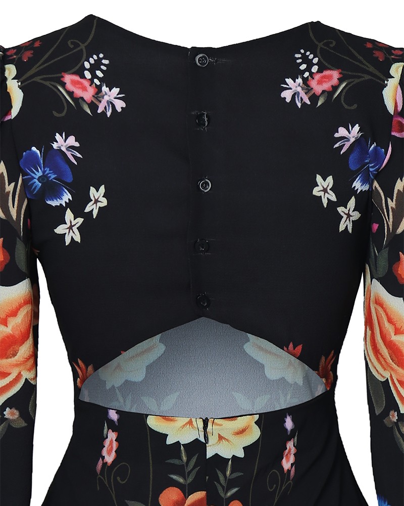 cutout back bishop sleeve floral bodycon dress