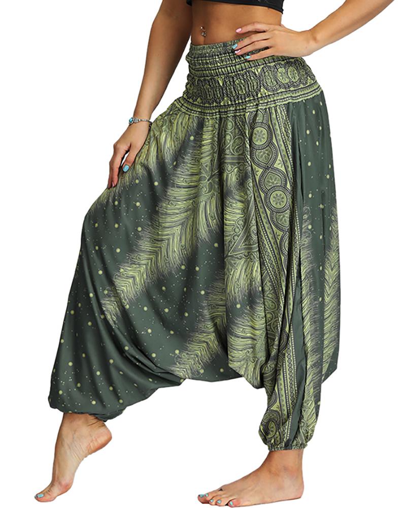 

Print Wide Leg High Waist Yoga Pants, Green