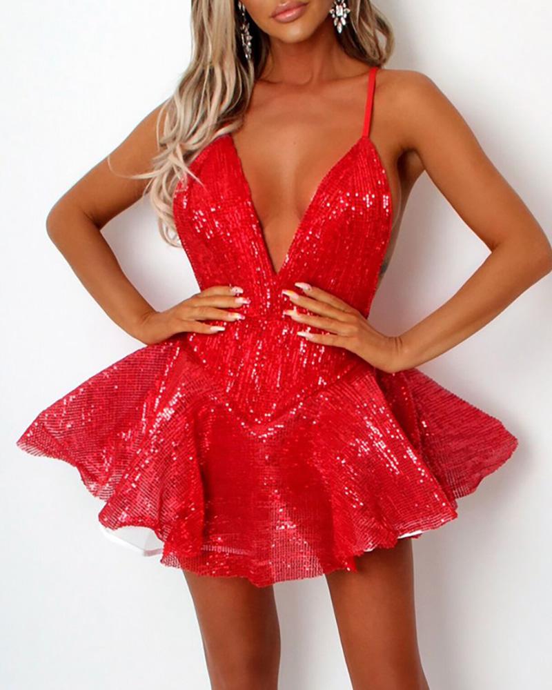 

Glitter Plunge Sleveless Party Sequins Dress, Red