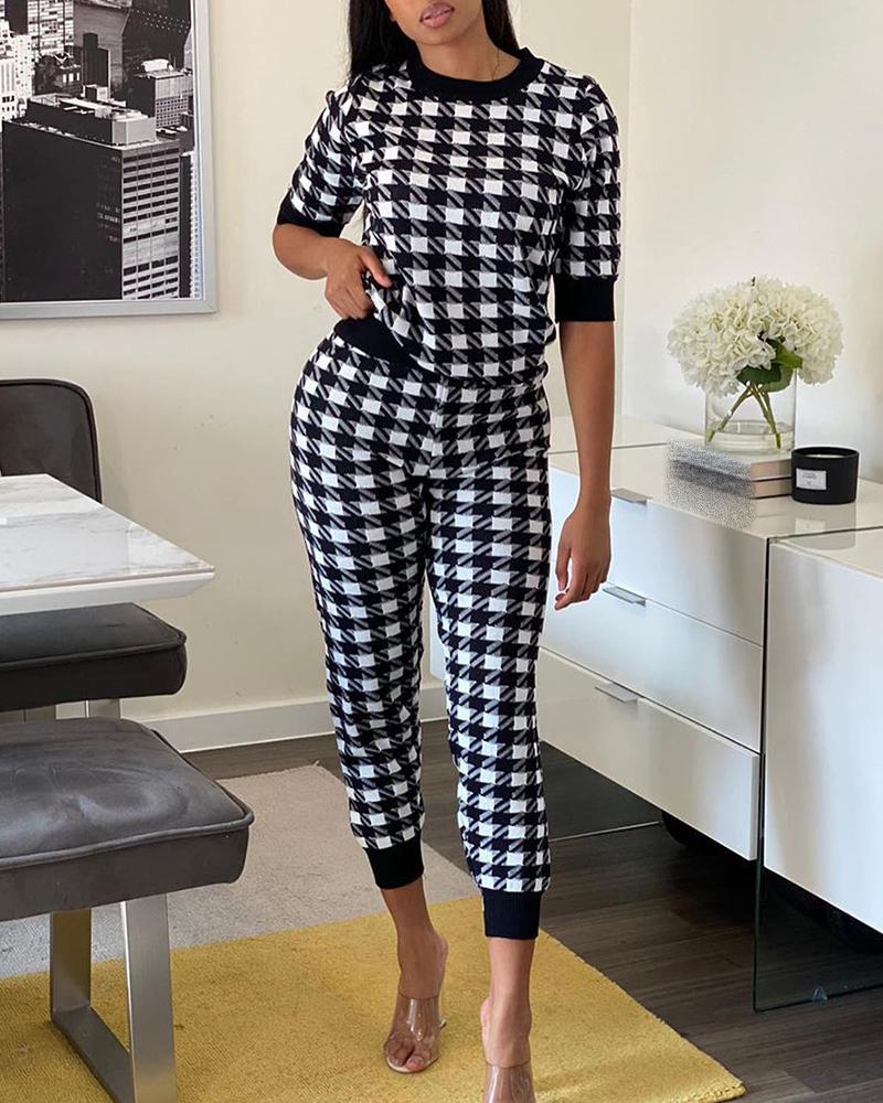 

Houndstooth Print Short Sleeve Women Top & Pants Set, Black
