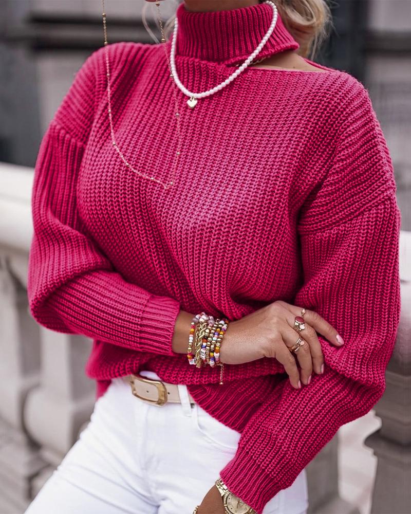 

Cutout Long Sleeve Plain Sweater, Hot pink