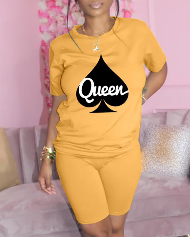 

Poker Letter Print Short Sleeve Top & Shorts Set, Yellow