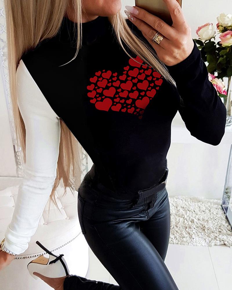 

Heart Print Colorblock Long Sleeve Top, Black