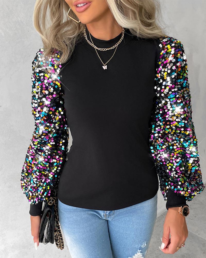 

Mock Neck Lantern Sleeve Sequins Colorblock Insert Blouse, Black