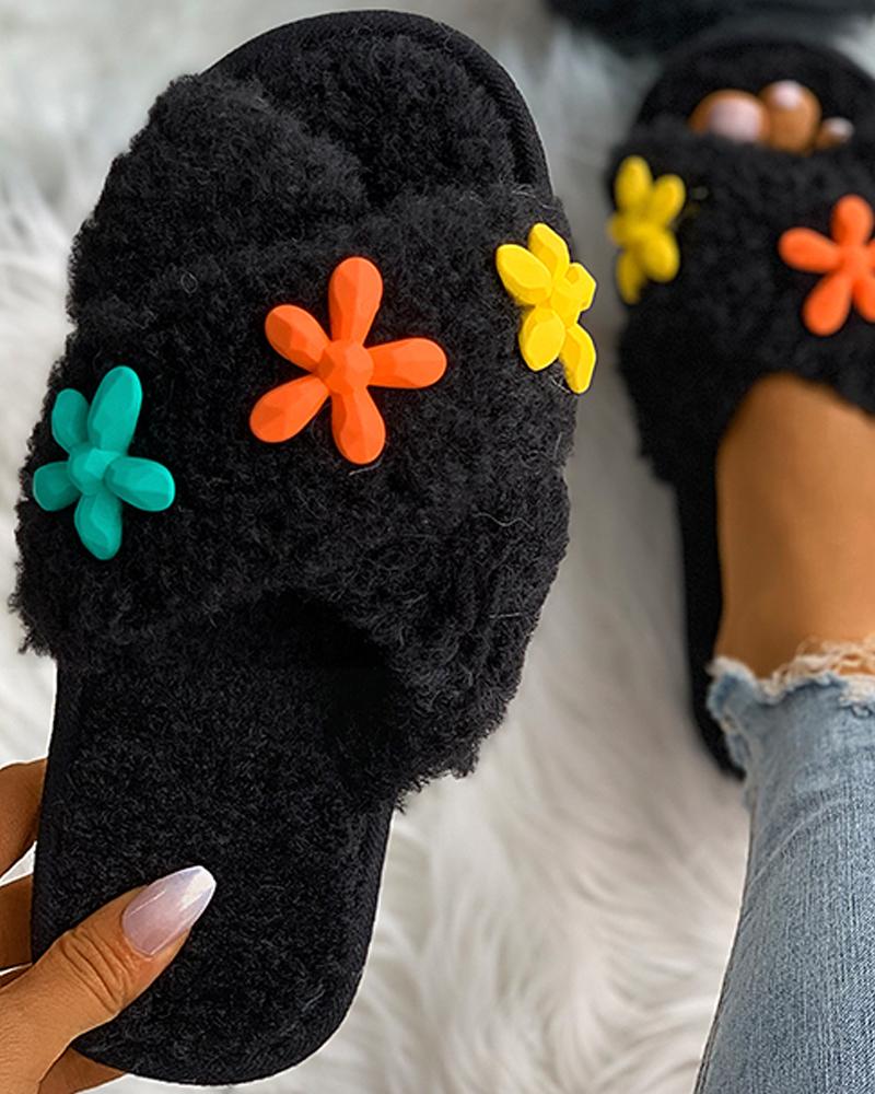 

Floral Pattern Crisscross Fluffy Slippers, Black
