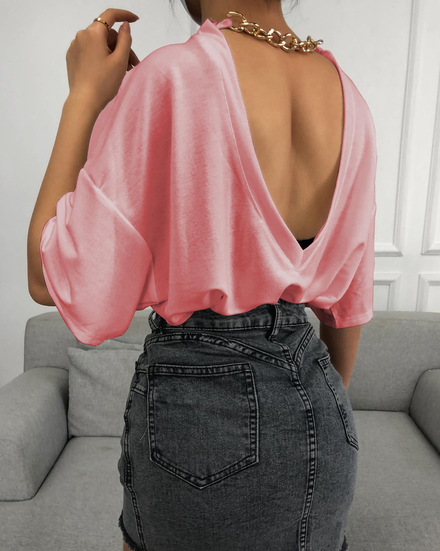 

Plain Short Sleeve Casual Backless T-shirt, Pink