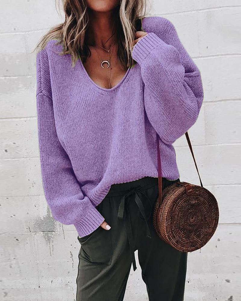 

Solid Long Sleeve V-Neck Casual Sweater, Purple